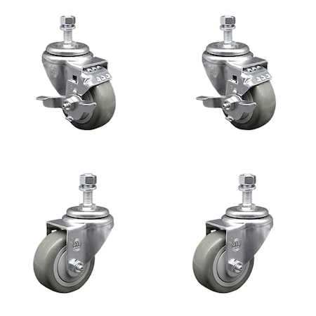 Service Caster 3.5 Inch SS Gray Polyurethane Swivel 1/2 Inch Threaded Stem Caster Brakes, 2PK SCC-SSTS20S3514-PPUB-TLB-121315-2-S2